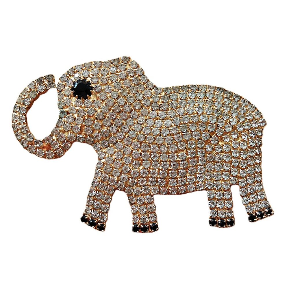 Vintage Rhinestone Elephant Brooch Statement Sparkle Shiny Pin Boho Glam
